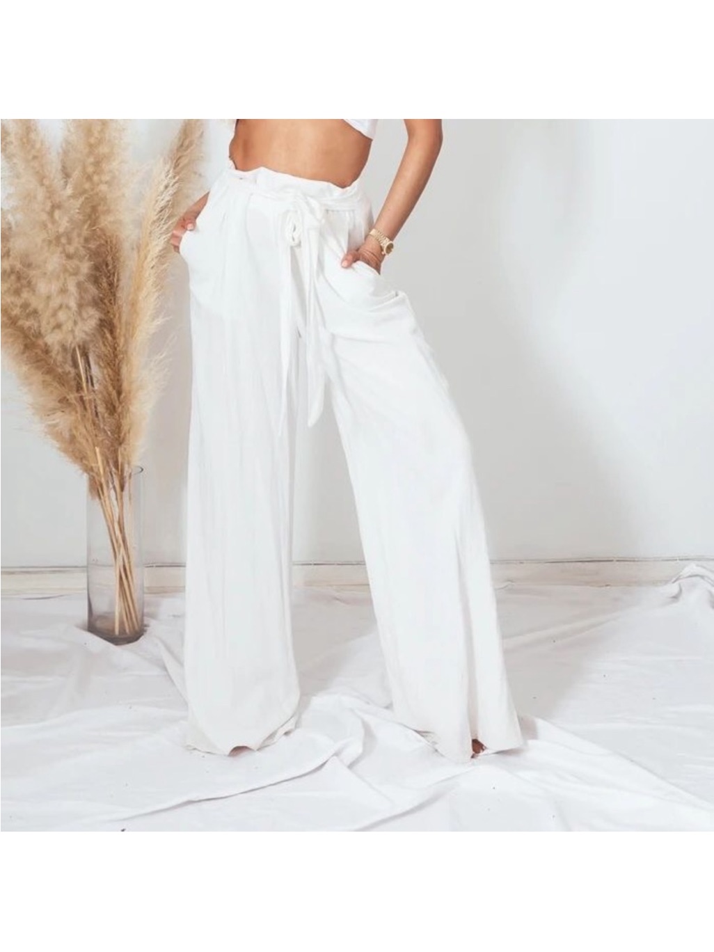 Women’s Wide-Leg Tie-Waist Pants - White